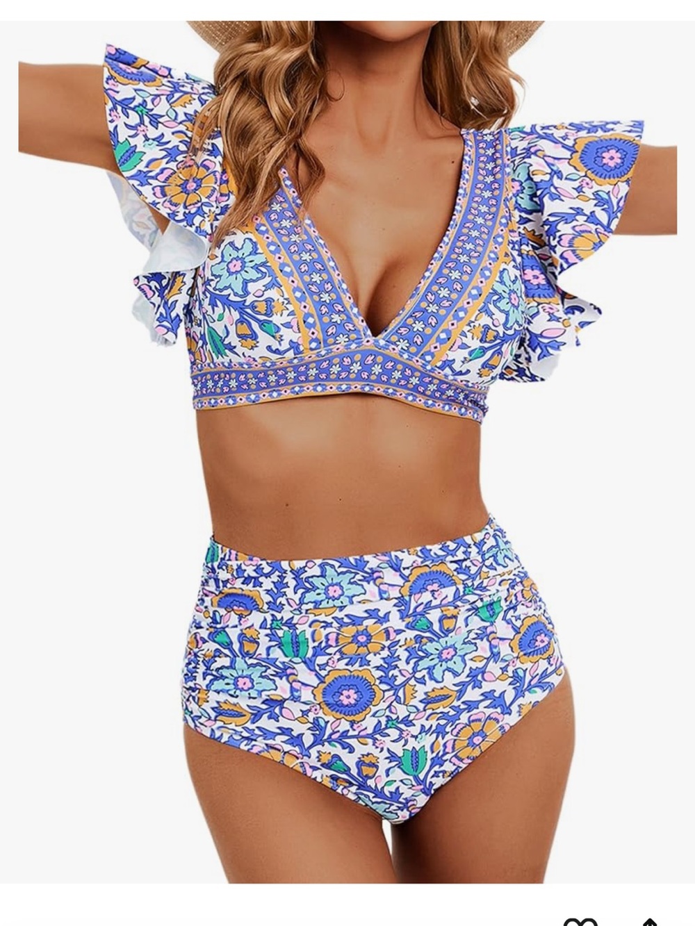 Amazon Floral High-Waist Bikini Set in Blue, White, Yellow, Green